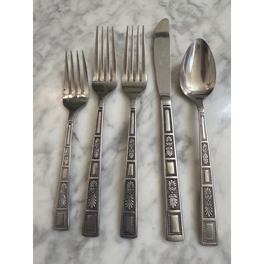 Vintage Lifetime Cutlery Japan Stainless Flatware 5pc Set Fleur-de-Lis Brutalist